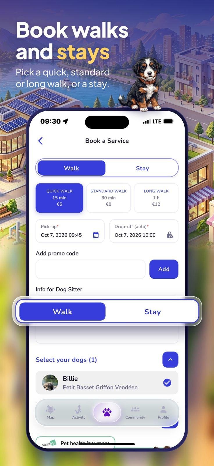 Book walks and stays