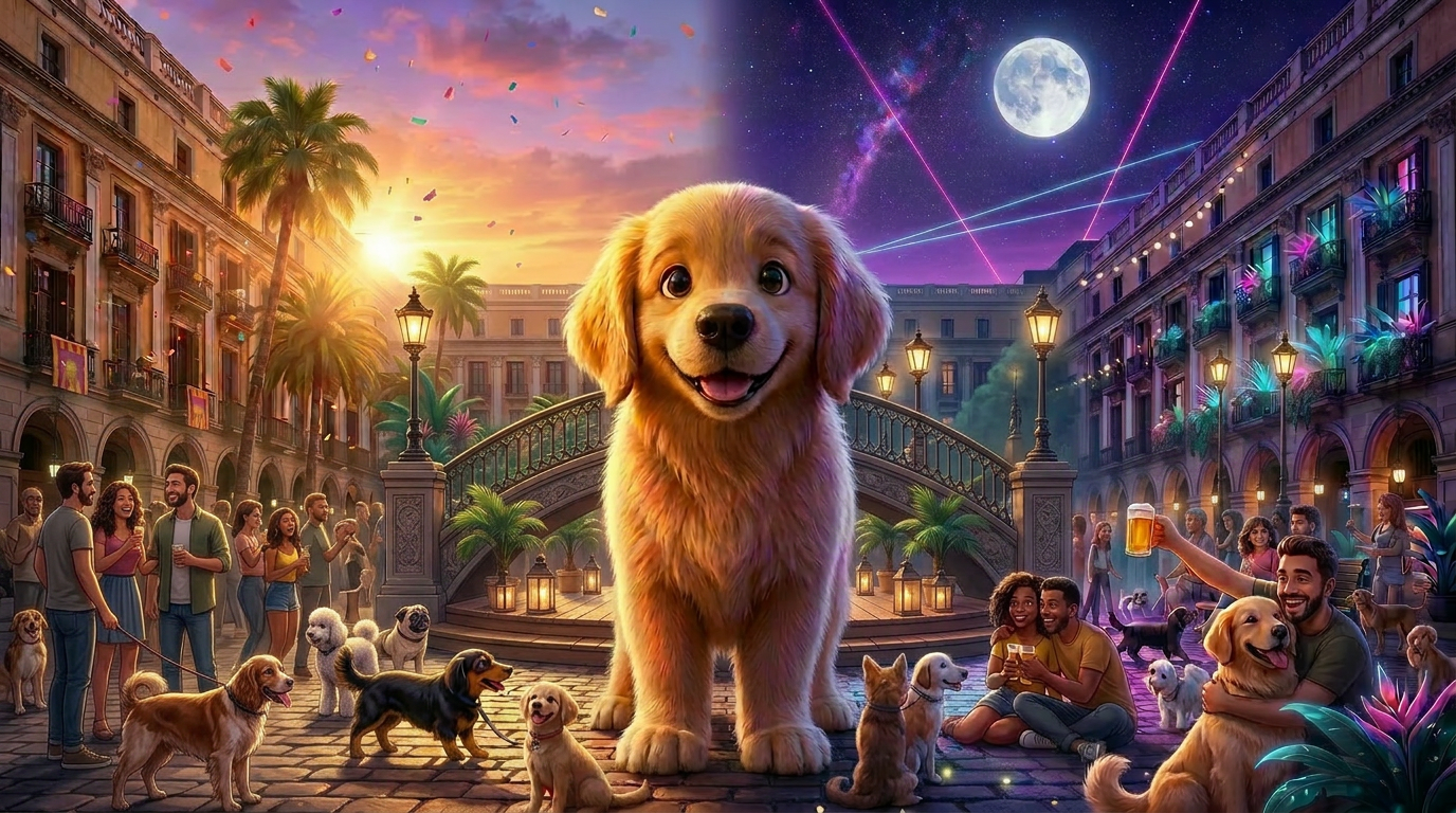 Snuffle Dog City · animated day & night gathering with golden retriever mascot in Barcelona