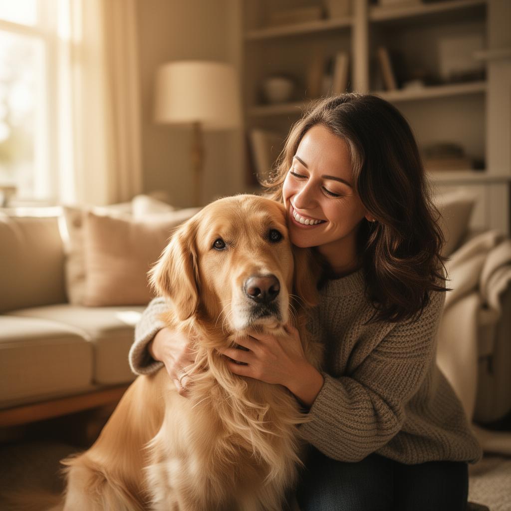 A dog owner warmly hugging her golden retriever at home