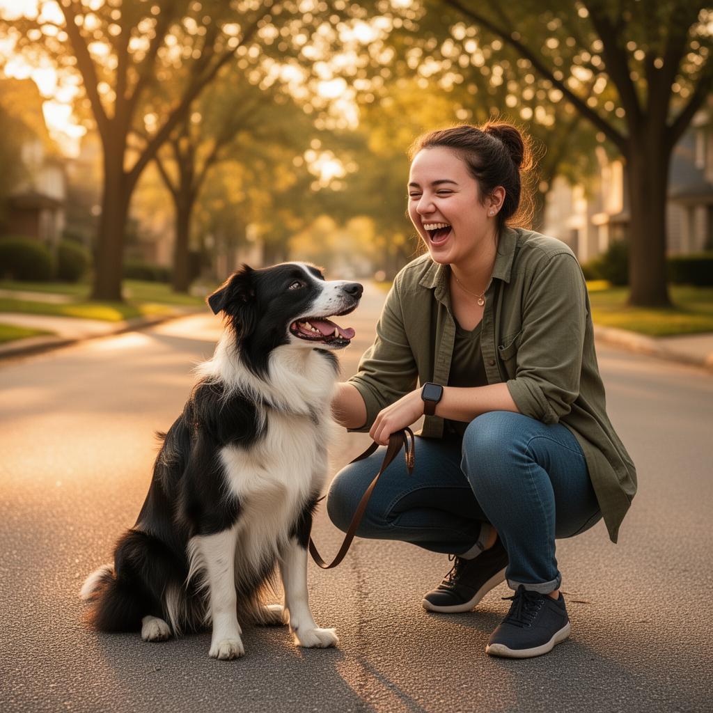 A joyful dog sitter laughing with a border collie on a sunlit neighborhood street